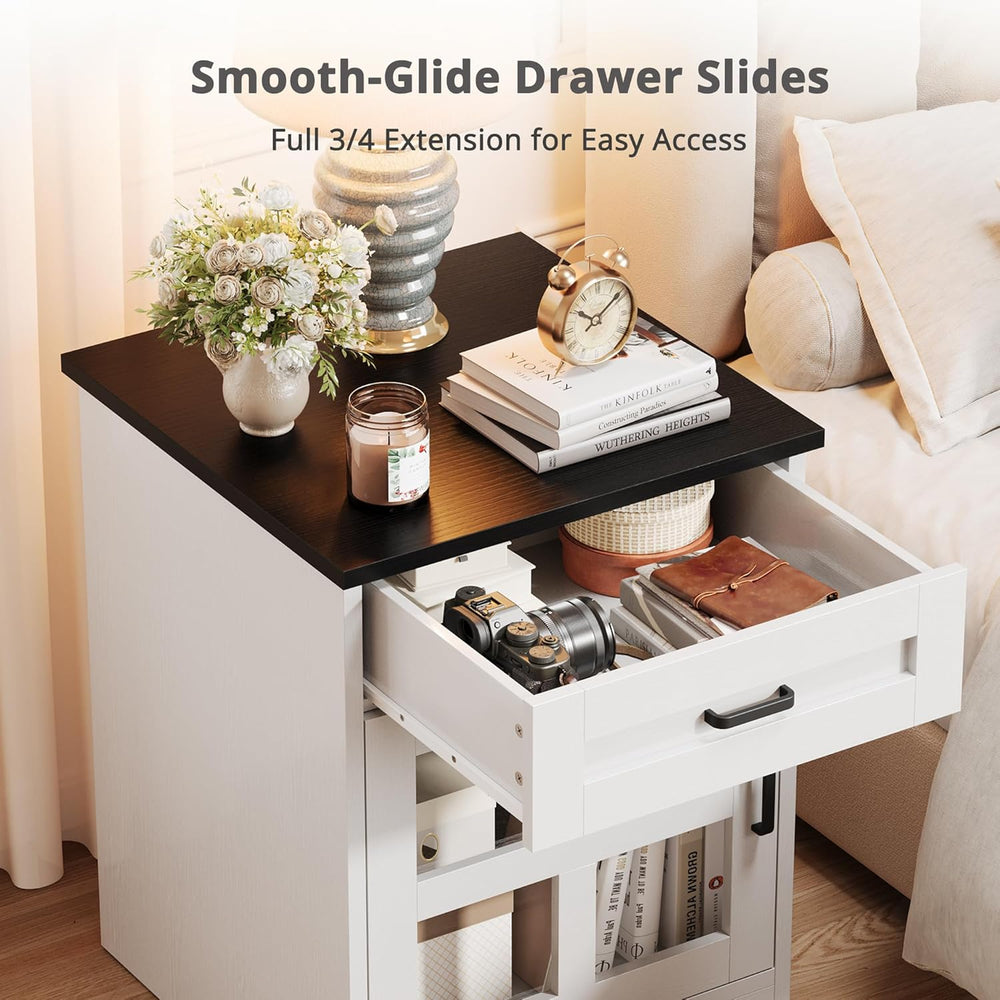 Farmhouse End Table, 18" Side Table with Drawer and Barn Door Storage, W...