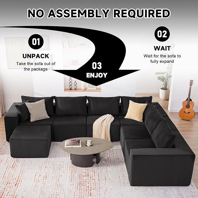 Cloud Couch Sectional, Modular Sofa with Deep Seat, Convertible Sectional Couches for Living Room, Plush Corduroy U Shaped Boneless Couch (Black, 6 Seater & 1 Ottoman)