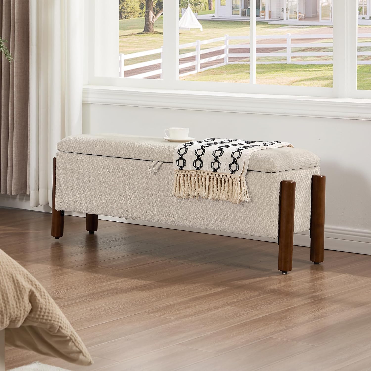 47'' Modern Storage Ottoman Benches with Walnut Wood Legs Ottoman Bench with 22 Gallons Storage Space Fabric Upholstered Seating End of Bed Bench for Bedroom for Livingroom Beige