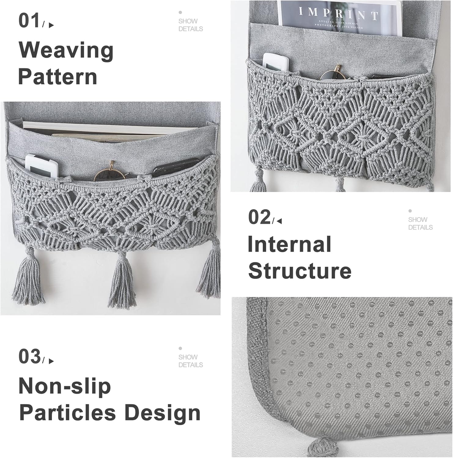 Mkono Macrame Couch Organizer Remote Control Caddy Sofa Armrest Armchair Bedside Storage Holder Bag for TV Remote, Magazine, Books, Cell Phone, iPad, Boho Living Room Home Dorm Decor, Grey