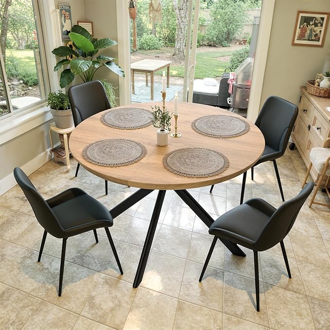 47.2" 5-Piece Round Dining Table Set for 4, Modern Wood Dining Table with 4 Upholstered Chairs, Kitchen & Dining Room Table Set with Metal Base for Apartment, Small Space, Natural Table+4 Balck Chairs