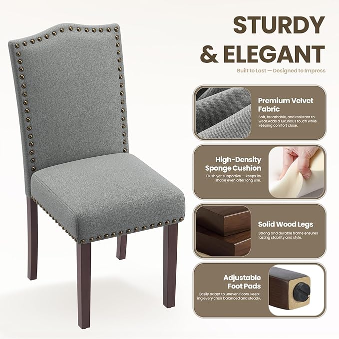 COLAMY Grey Upholstered Parsons Dining Chairs Set of 6,Comfortable Foam Seat, Classic Nailhead Trim, Solid Wood Legs, Stable & Easy to Assemble for Dining Room, Kitchen, Living Room & Café