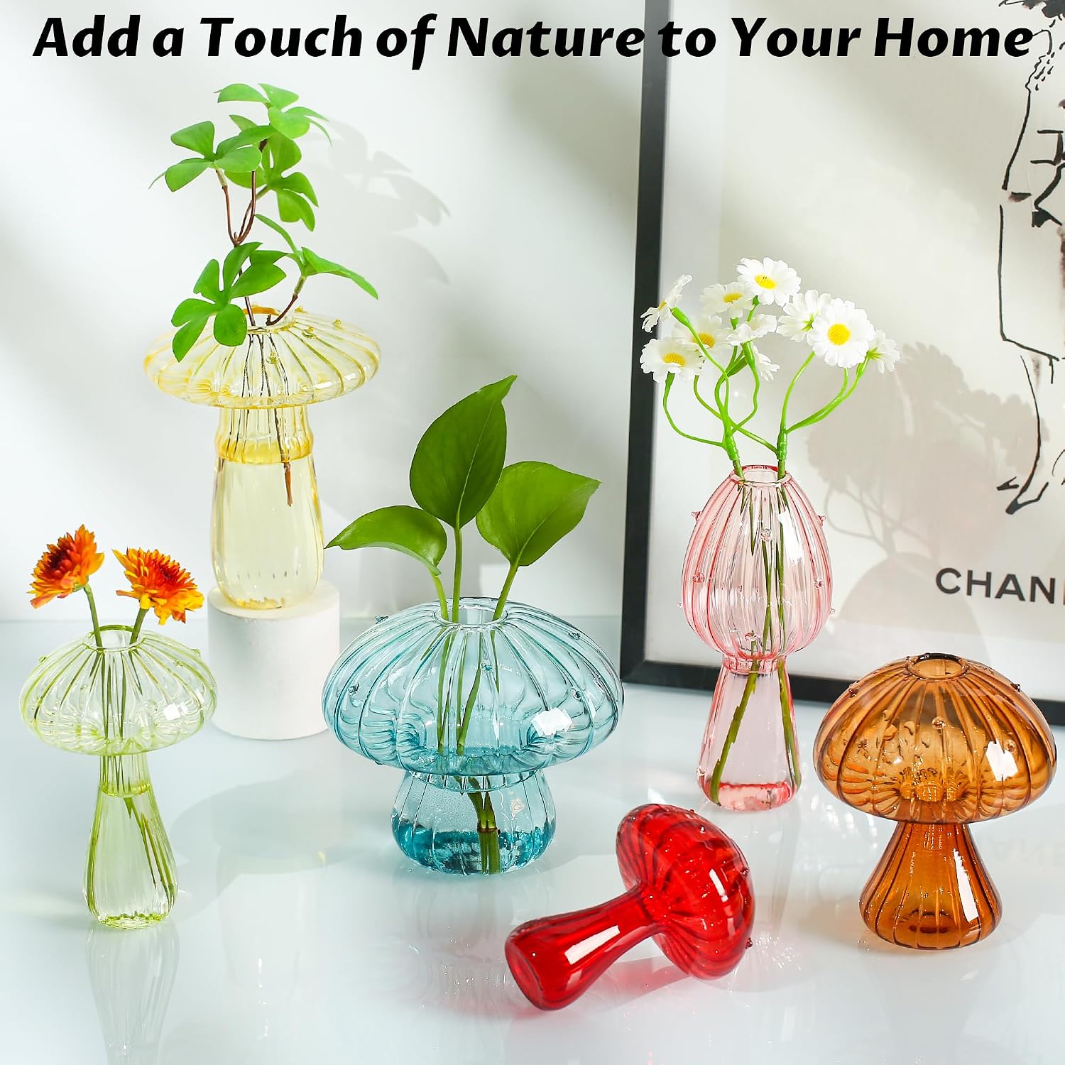 Mushroom Vase, Set of 6 Colored Flower Vase, Propagation Stations Vases, Small Bud Vases Home Decor Cute Glass Mushroom Planter for Room Office Decoration (Colorful)