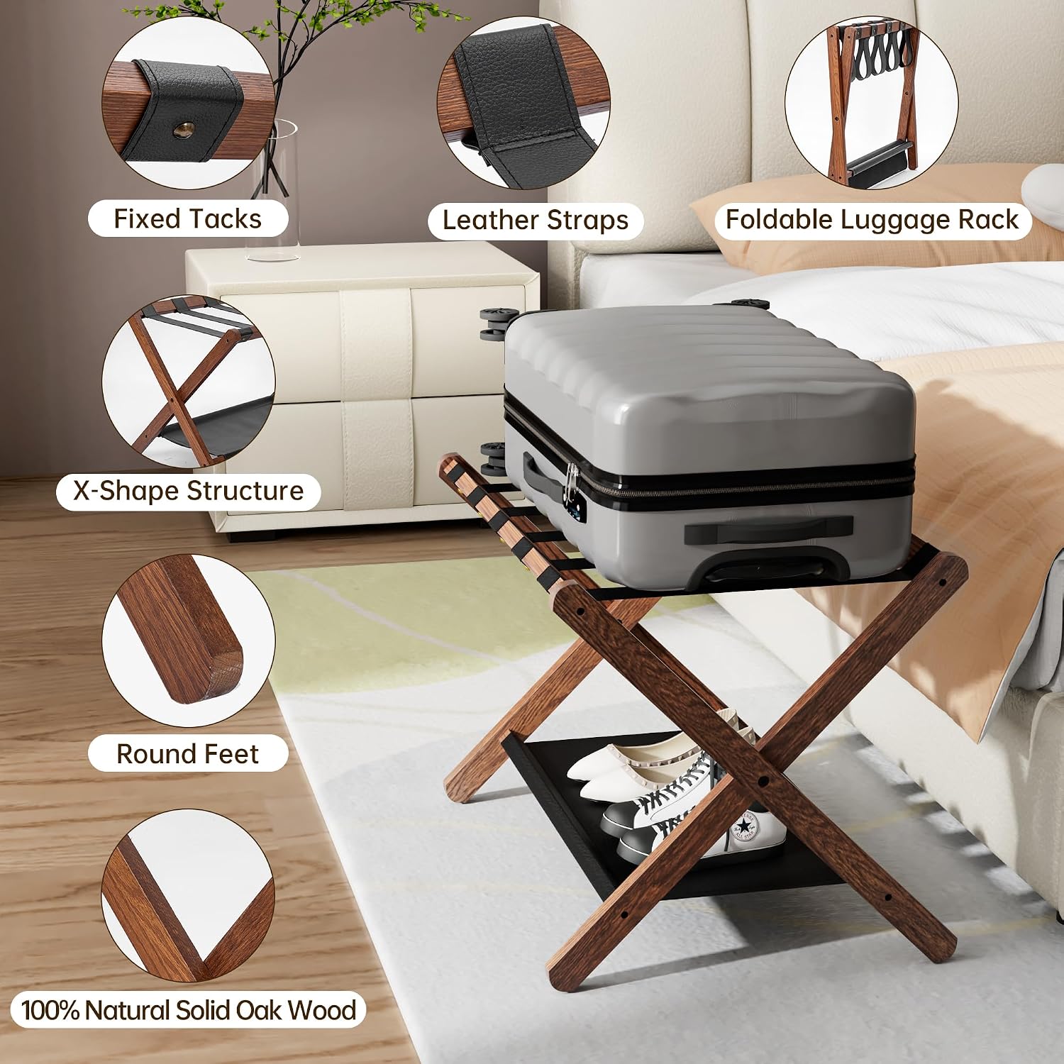 FLYJOE Luggage Rack, Solid Oak Wood Folding Suitcase Stand with Storage Shelf, Luggage Stand with Leather Straps for Guest Room, Bedroom, Hotel, Set of 2, Walnut