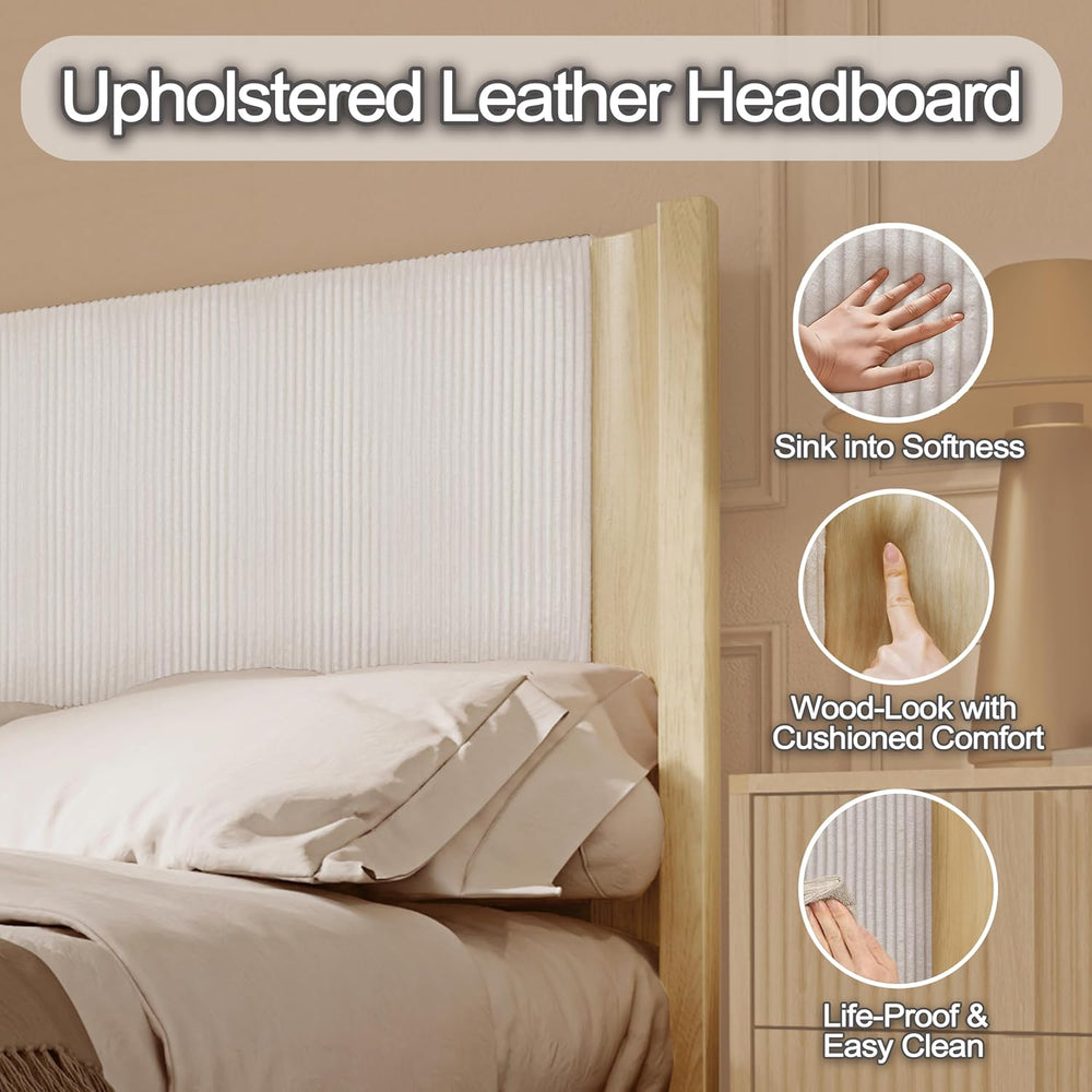 King Size Upholstered Platform Bed Frame with Wingback Headboard, Motion-Sens...