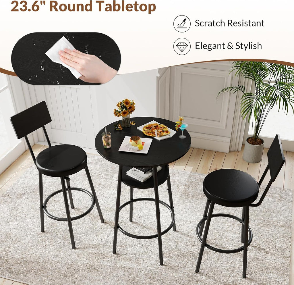 Zevemomo 3 Pieces Bar Table and Chairs Set Pub Table and Chairs for 2-Black | Bistro Table and Chairs Set of 2, Round Bar Table Set with 2 Thickened Cushion Stools & Backrest, Dining Table set for 2