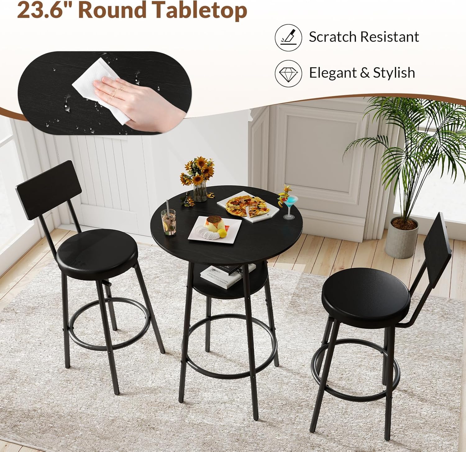 Zevemomo 3 Pieces Bar Table and Chairs Set Pub Table and Chairs for 2-Black | Bistro Table and Chairs Set of 2, Round Bar Table Set with 2 Thickened Cushion Stools & Backrest, Dining Table set for 2