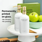 Vine Creations White Glass Soap Dispenser Set, Dish Soap and Hand Soap Dispenser Set with Stainless Steel Pump, 16 oz Glass Dispensers for Kitchen or Bathroom Decor (Matte White Bottle/Brushed Brass)