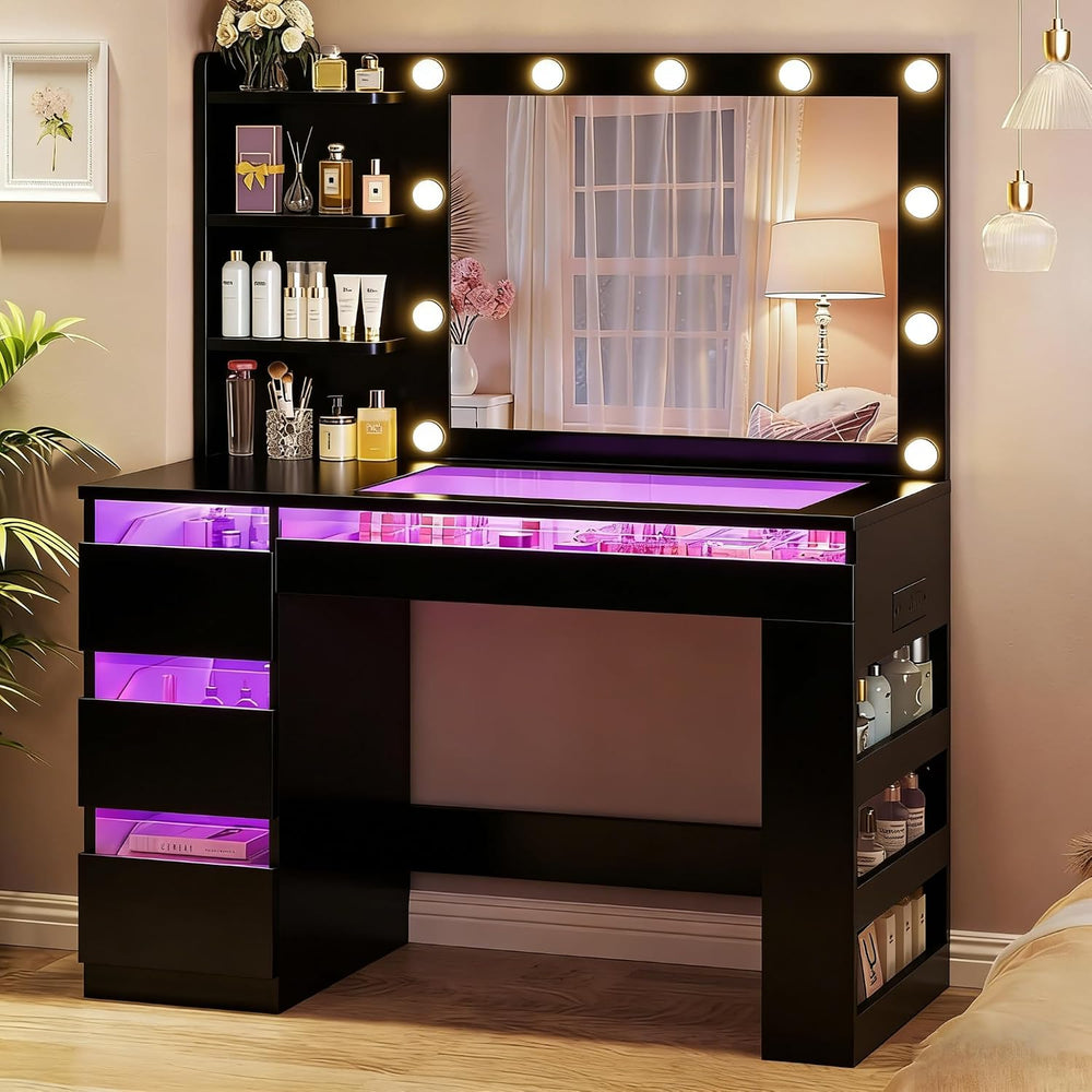 HUAHUU Vanity Desk with Lighted Mirror & Transparent Top, Makeup Vanity D...
