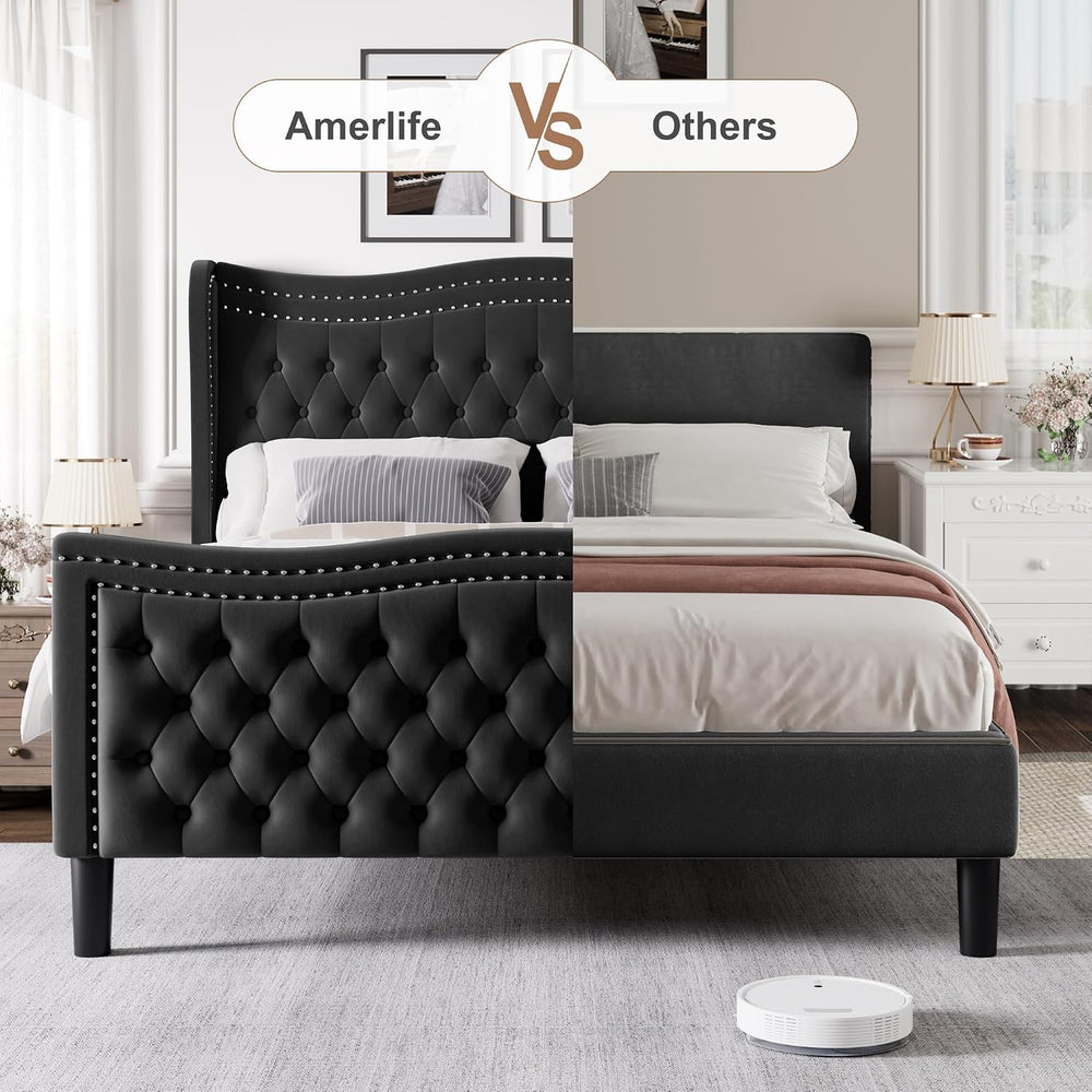 Queen Bed Frame with Tall Headboard & Footboard, Velvet Upholstered Platf...