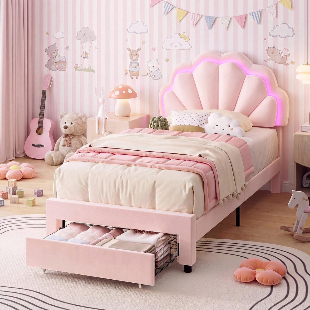 Girls Twin Upholstered LED Bed Frame with Petal Headboard & Storage, Pink
