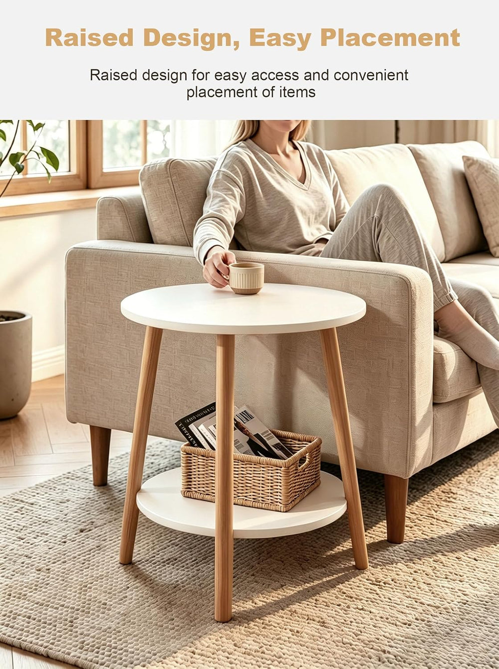 Round Side Table 2-Tier Wood Coffee Table Night Stand with Stable Triangle Le...