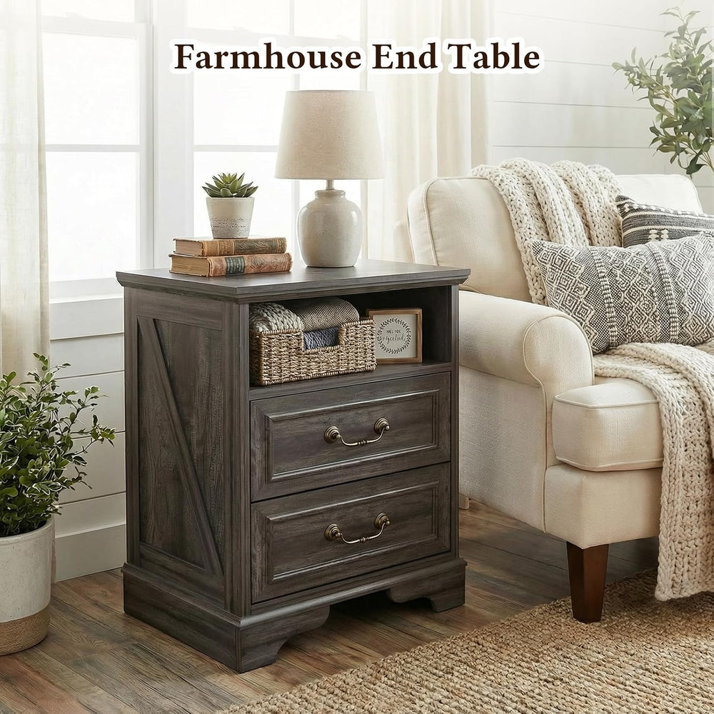 Farmhouse End Table with Charging Station, Rustic Wood Nightstand with 2 Larg...