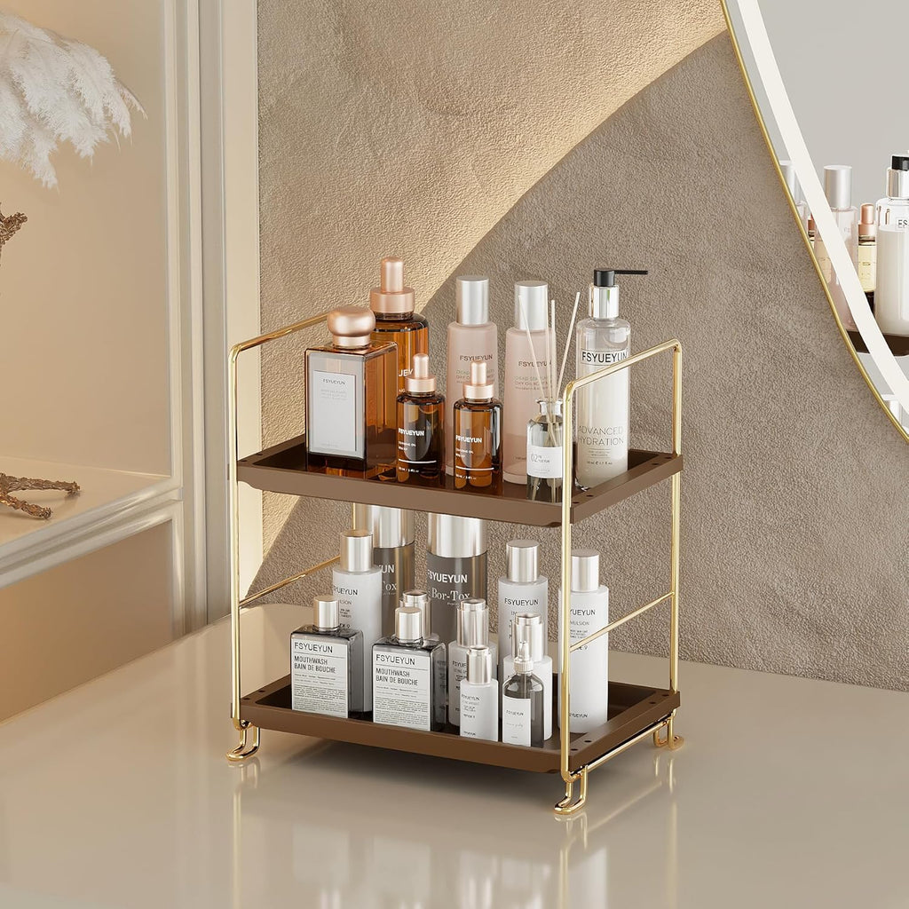 FSyueyun 2-Tier Bathroom Countertop Organizer,Bathroom Organizers and Storage with Tool-Less Installation, Premium Plastics for Makeup, Perfume, Skincare on Dresser Vanity Tray (Gold & Brown)