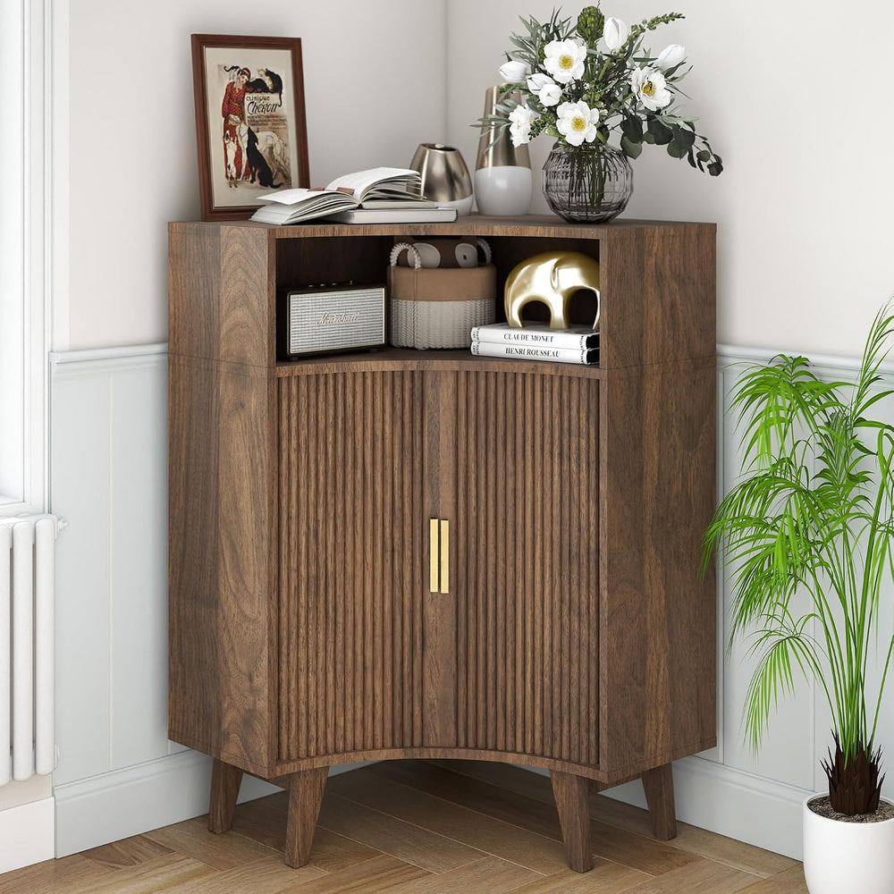 Fluted Corner Cabinet with Open Storage, Modern Floor Cabinets