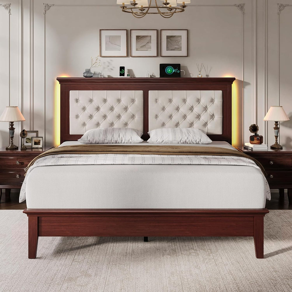 Lifezone Solid Wood Queen Bed Frame 41.5” Tall Diamond-Tufted Upholstered Hea...