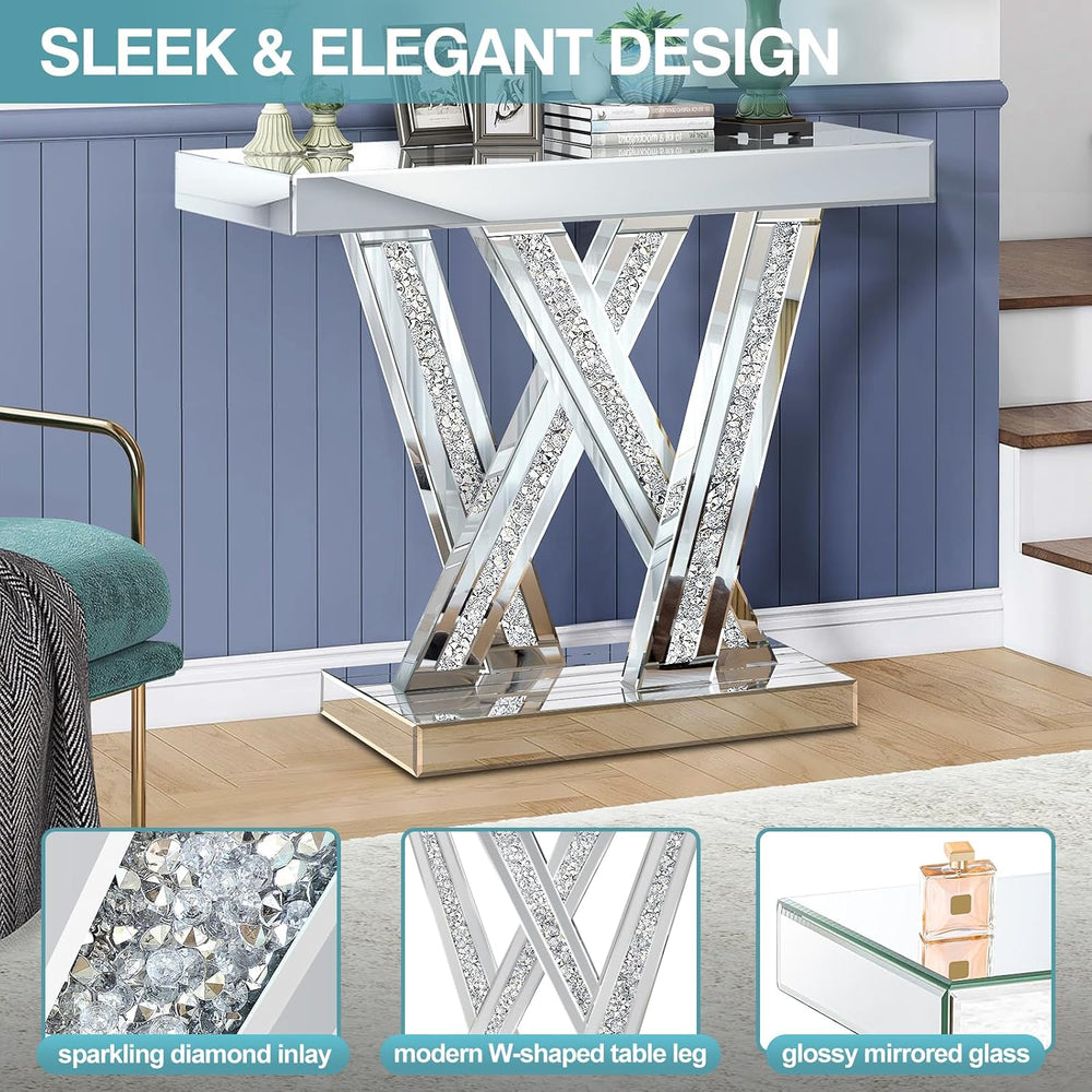 Modern Entryway Console Table with Crushed Diamond Inlay, 35.43" Silver ...