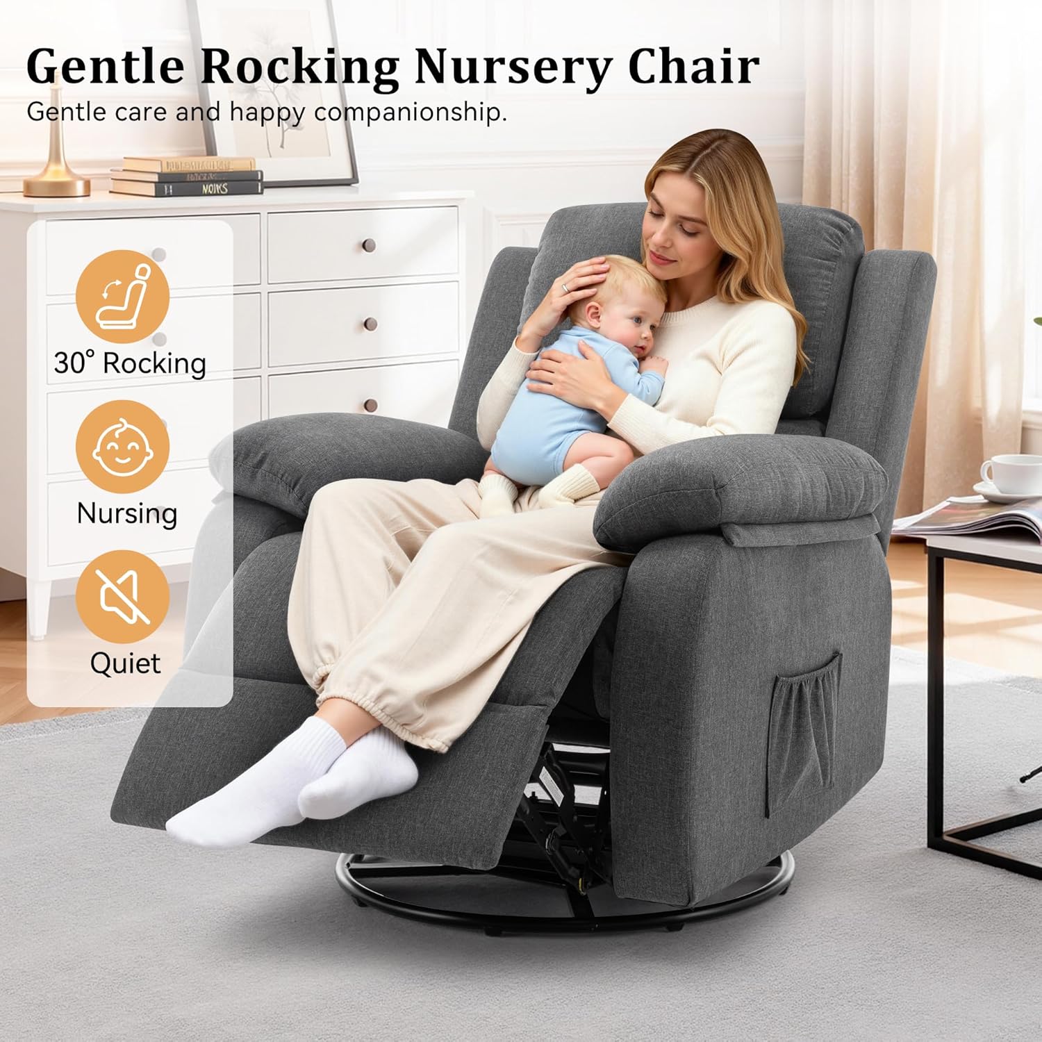 Korser Recliner Chair, 360 Swivel Rocker Chair for Adults, Small Rocking Recliner for Small Spaces, Upholstered Fabric Glider Recliner Nursery