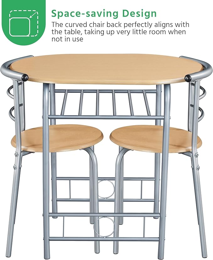 Yaheetech 3 Piece Dining Table Set, Kitchen Table & Chair Sets for 2, Compact Bistro Table Set with Steel Legs, Built-in Wine Rack for Small Space, Apartment, Breakfast Nook, Natural