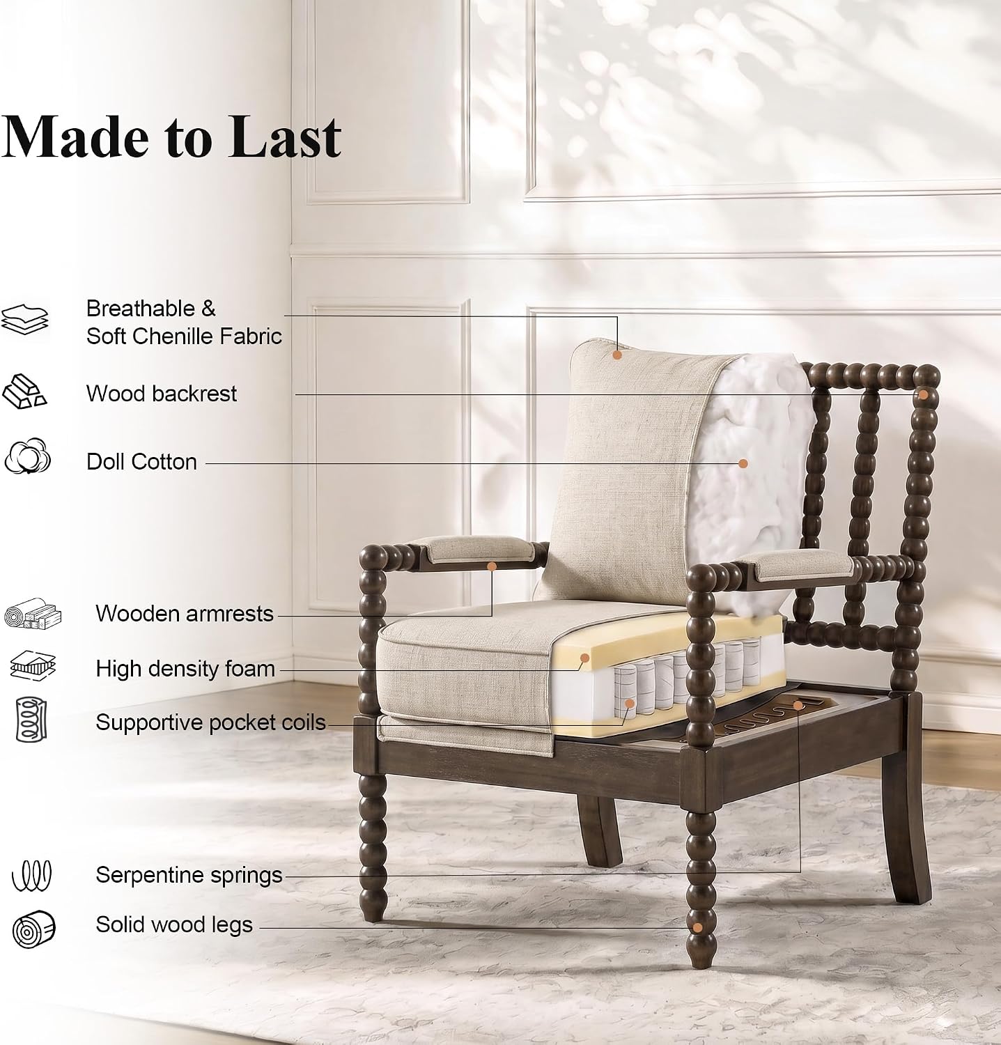 DUHOME Chenille Fabric Spindle Accent Chair Set of 2,Bobbin Chair with High Resilience Spring Cushion and Armrest Pads, Leisure Armchair for Living Room Bedroom Farmhouse Home Office Belcony