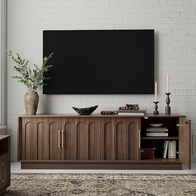 TV Stand for 75 Inch TV, Mid Century Modern TV Stand with Arched Design, Wood Grain Finish, Media Console with Adjustable Shelves, 67" Entertainment Center for Living Room Bedroom, Walnut