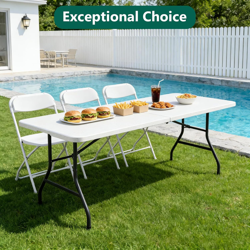 6ft Folding Table, Foldable Picnic Table Portable Table for Indoor Outdoor Use Heavy Duty Plastic Table Camping Table with Carry Handle for Party, BBQ, White