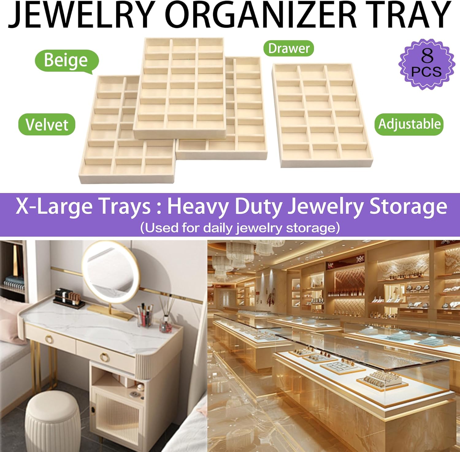 X-Large Jewelrys Tray for Drawer 8 Pack Earring Organizer Stackable Velvet Jewelry Organizer Dresser Rings Studs Earring Holder