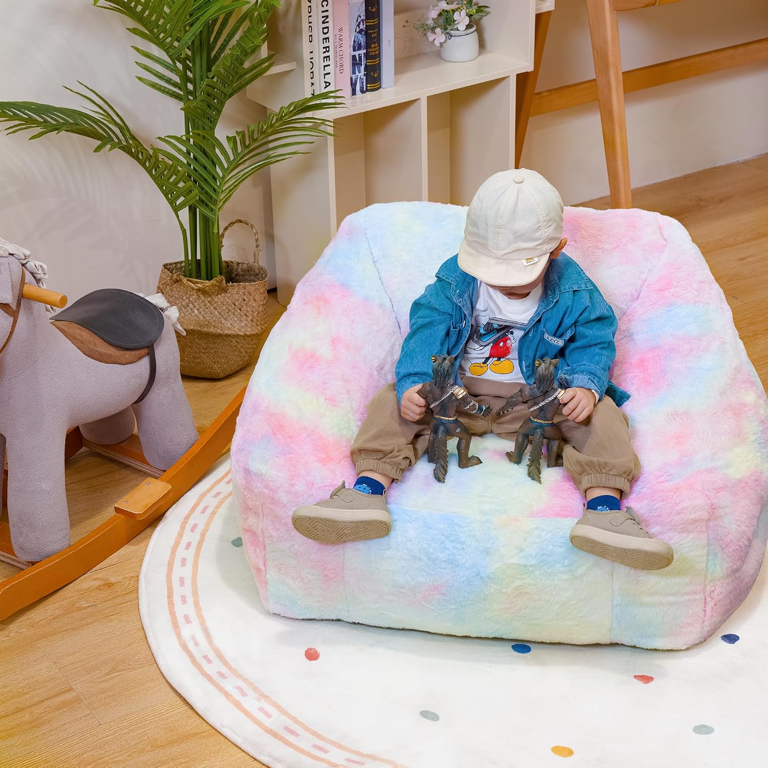 Cvortll Bean Bag Chairs for Kids, 27" Modern Rainbow Colors Beanbag Sofa with Sponge Filling & Comfy Soft Faux Fur, Kids Teens Bean Bags Chair Sofa for Bedroom, Living Room (Colorful)