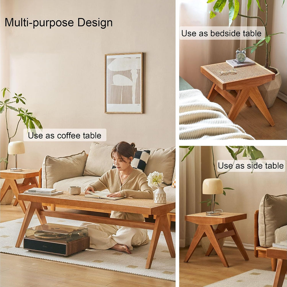 Wood Rattan Entryway Dining Bench Seat Wooden Indoor End of Bed Bench for Bed...