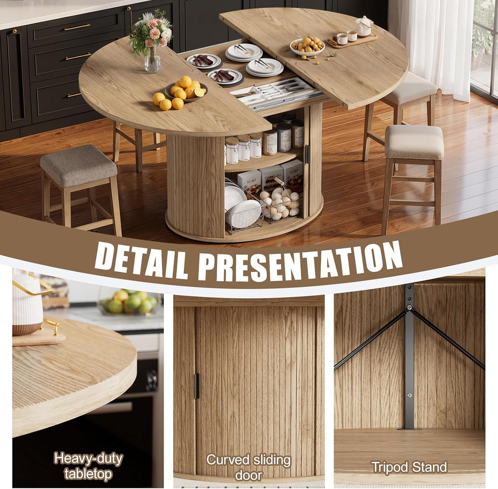 PAKASEPT43-59 Extendable Round to Oval Dining Table with Hidden Storage, Mode...