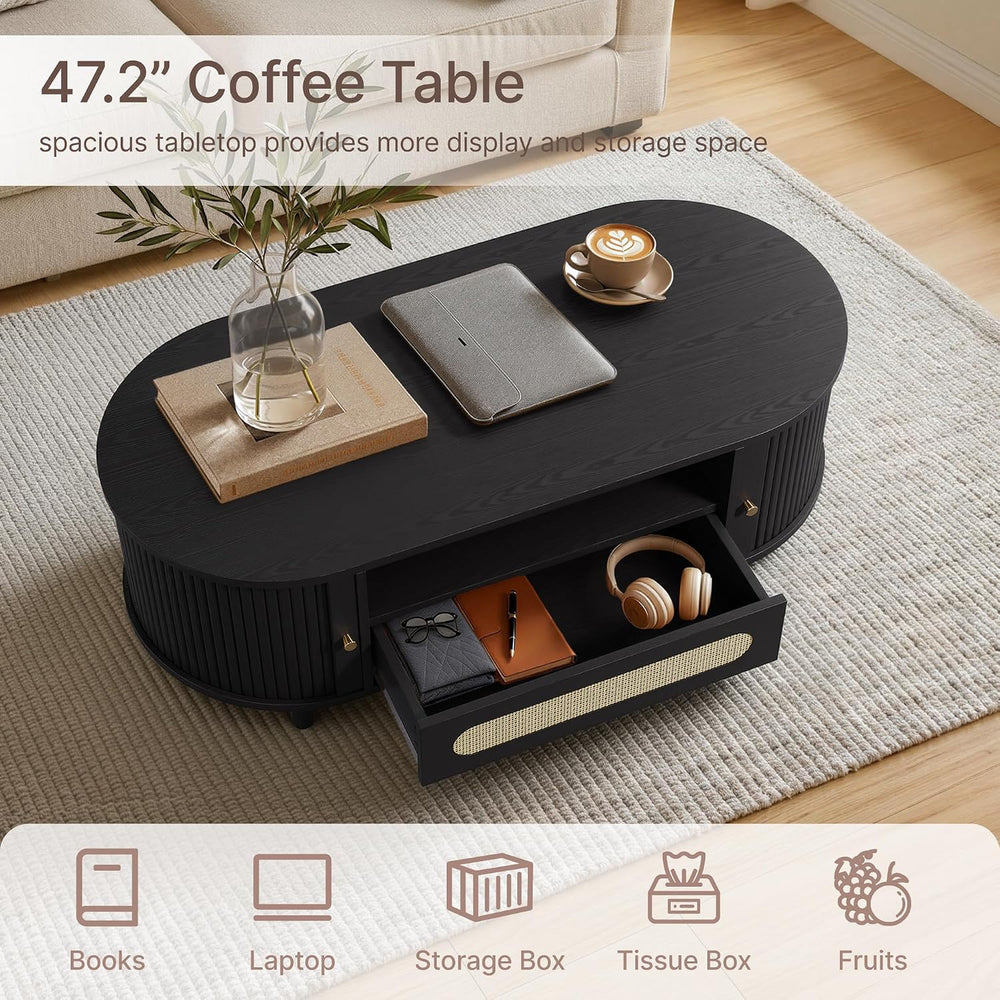 KISLOT Oval Coffee Table with Drawer,47.2" Fluted Center Table for Livin...
