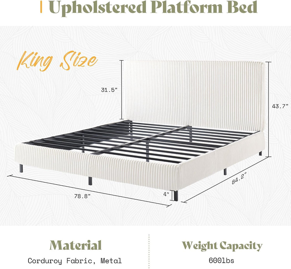 AMERLIFE King Bed Frame, Upholstered Metal Platform Bed, Cream