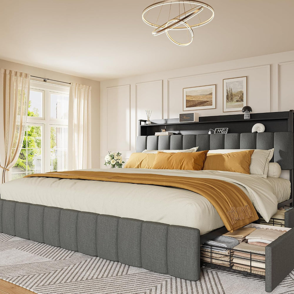 Bed Frame King Size with Upholstered Headboard & Charging Station, King B...
