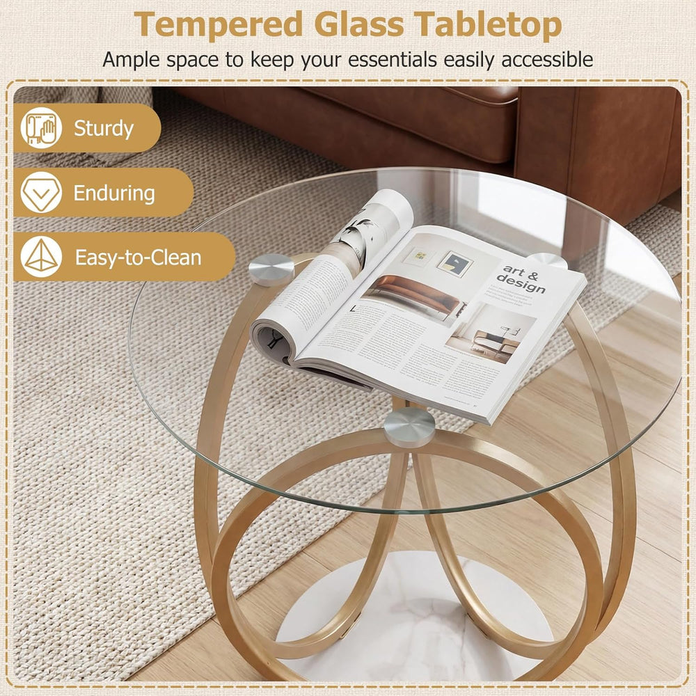 Giantex Round End Table, Faux Marble Sofa Couch Side Table with Tempered Glas...