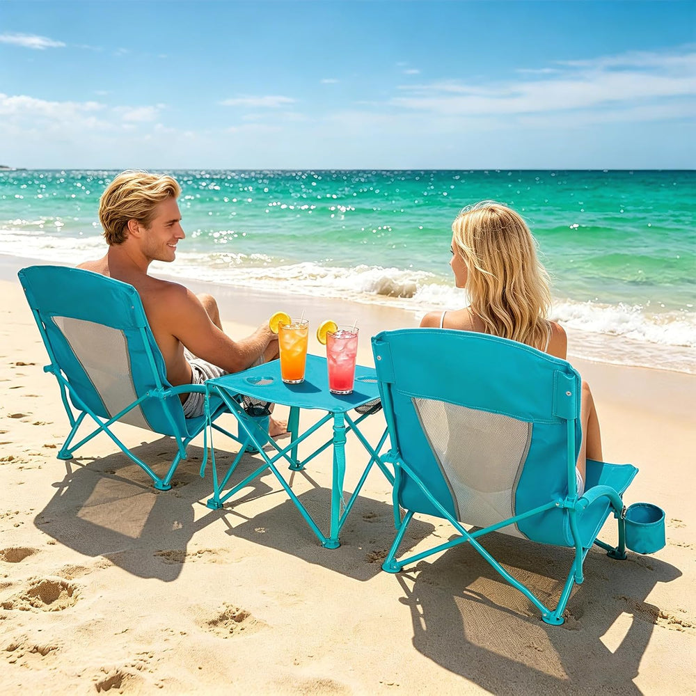 Folding Beach Chair Set of 3, Portable Camping Chairs with Table, Carrying Ba...