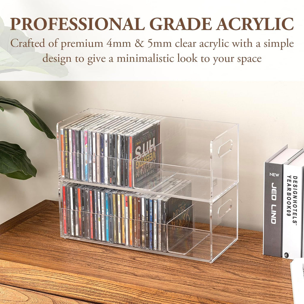MyGift 2 Pcs Clear Acrylic CD Holder Racks, Stackable CD Storage Box, Music Disc DVD Display Cases, Modern Media Cassette Organizers with Cutout Carrying Handles