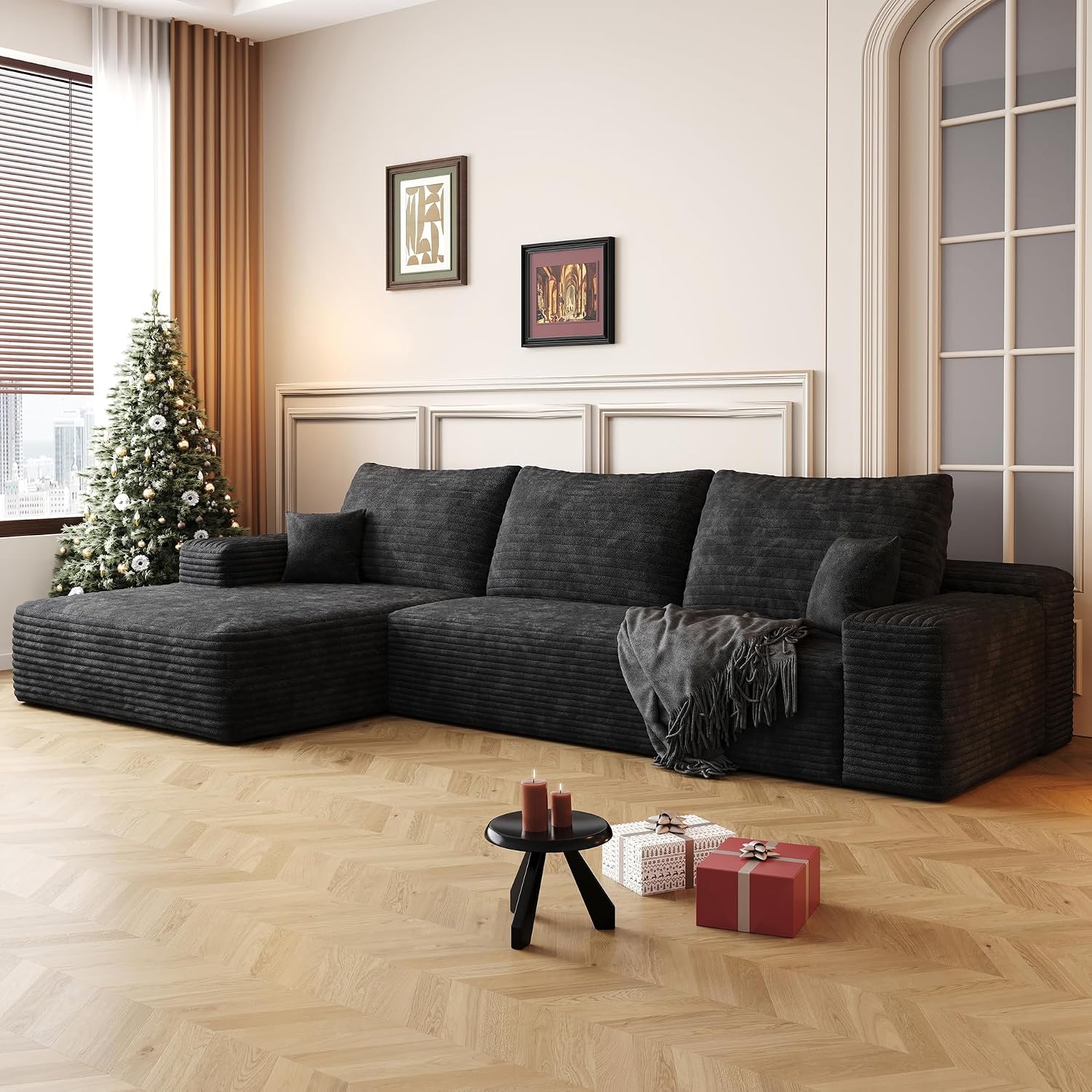 107" Boneless Couch with L Shaped Chaise, Plush Corduroy Sleeper Sectional Sofa, Deep Seat Comfy Couches for Living Room Bedroom, Compressed Foam Cloud Sofas, No Assembly, Left Facing Chaise, Black