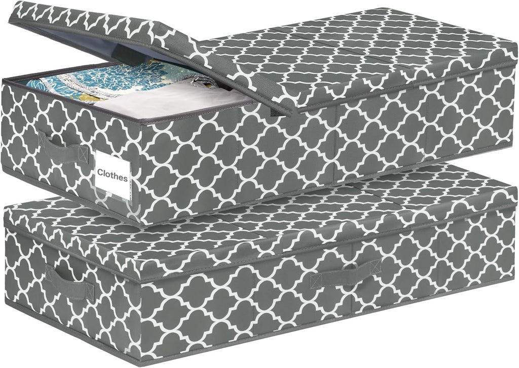 punemi Under Bed Storage Containers Bins With Lids, 6 Inches Tall Flat Underbed Clothes Storage W/Sturdy Sidewalls & Bottom, Low Profile Under Dorm Bed Storage Drawers With 3 Handles (Lantern Pattern)