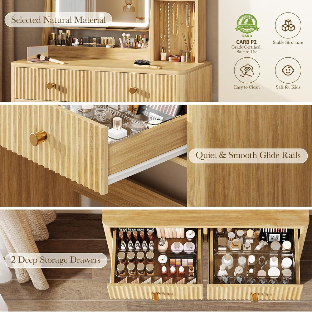 Memobarco Fluted Makeup Vanity Desk with Mirror and Lights | Small Vanity wit...