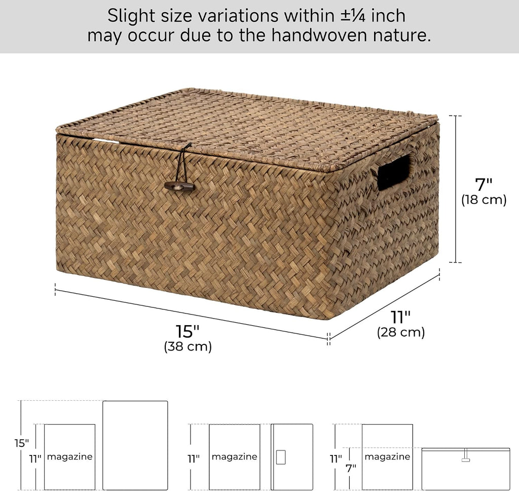 StorageWorks Wicker Storage Basket with Lid, Large Basket with Lid, Brown | Woven Baskets with Lids for Shelves, Wicker Storage Baskets with Lids, Decorative Box, Lidded Baskets for Organizing, 1 Pack