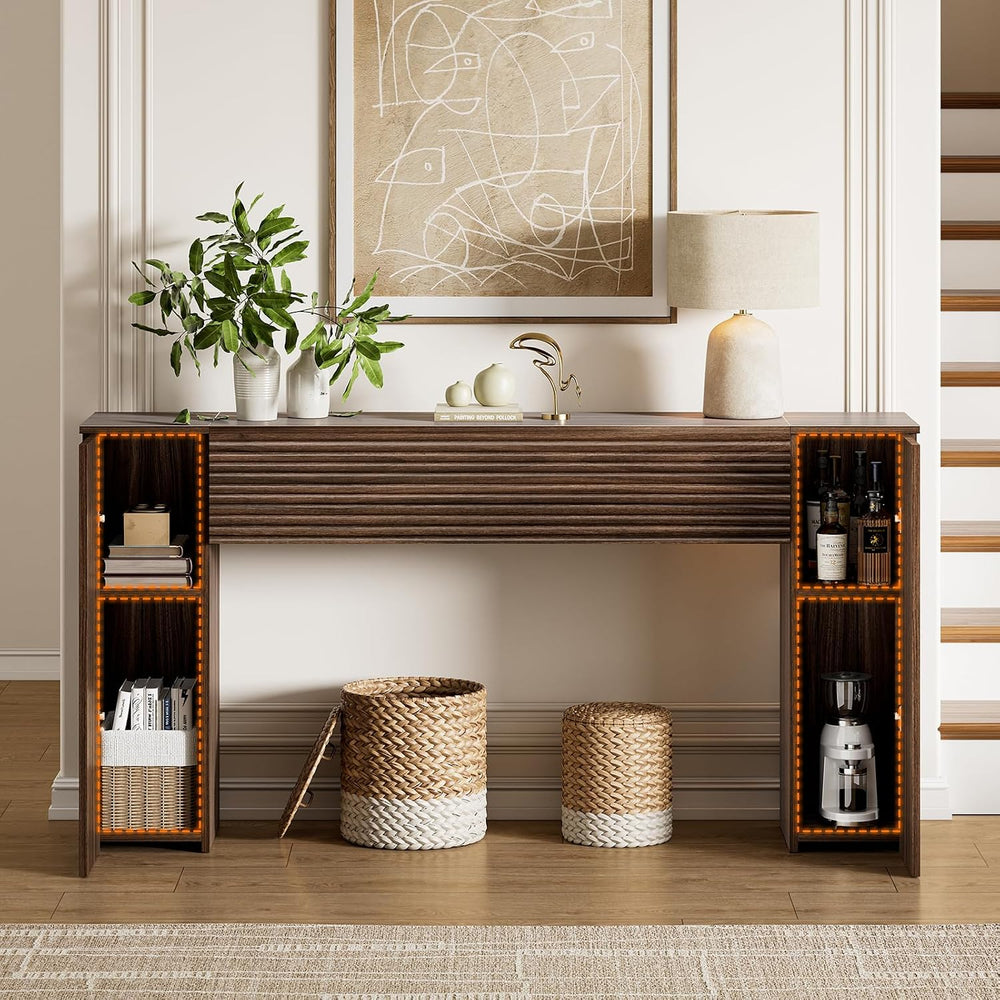 FABATO 61” Fluted Long Console Table with 2 Hidden Storage Cabinets, Walnut |...