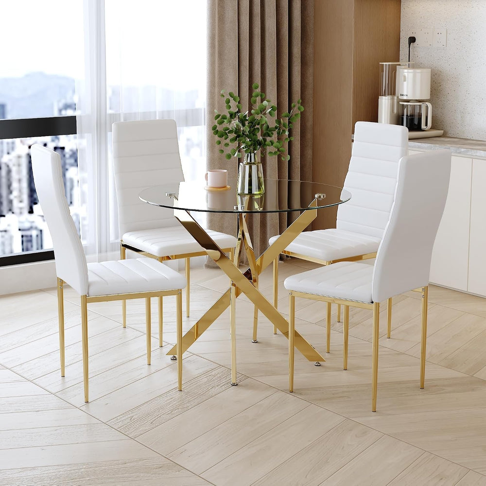 Round Tempered Glass Dining Table Set for 4, 5-Piece Modern Kitchen Table Set...