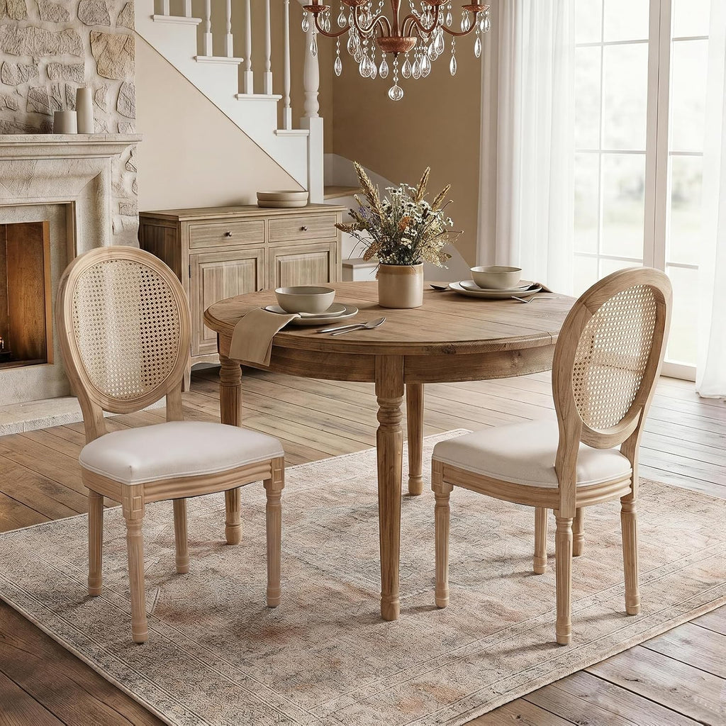 SoarFlash French Dining Chairs Set of 2, Vantage Dining Chair with Round Back, Wood Leg Farmhouse Country Rattan Dining Chair for Kitchen,Bedroom,Beige