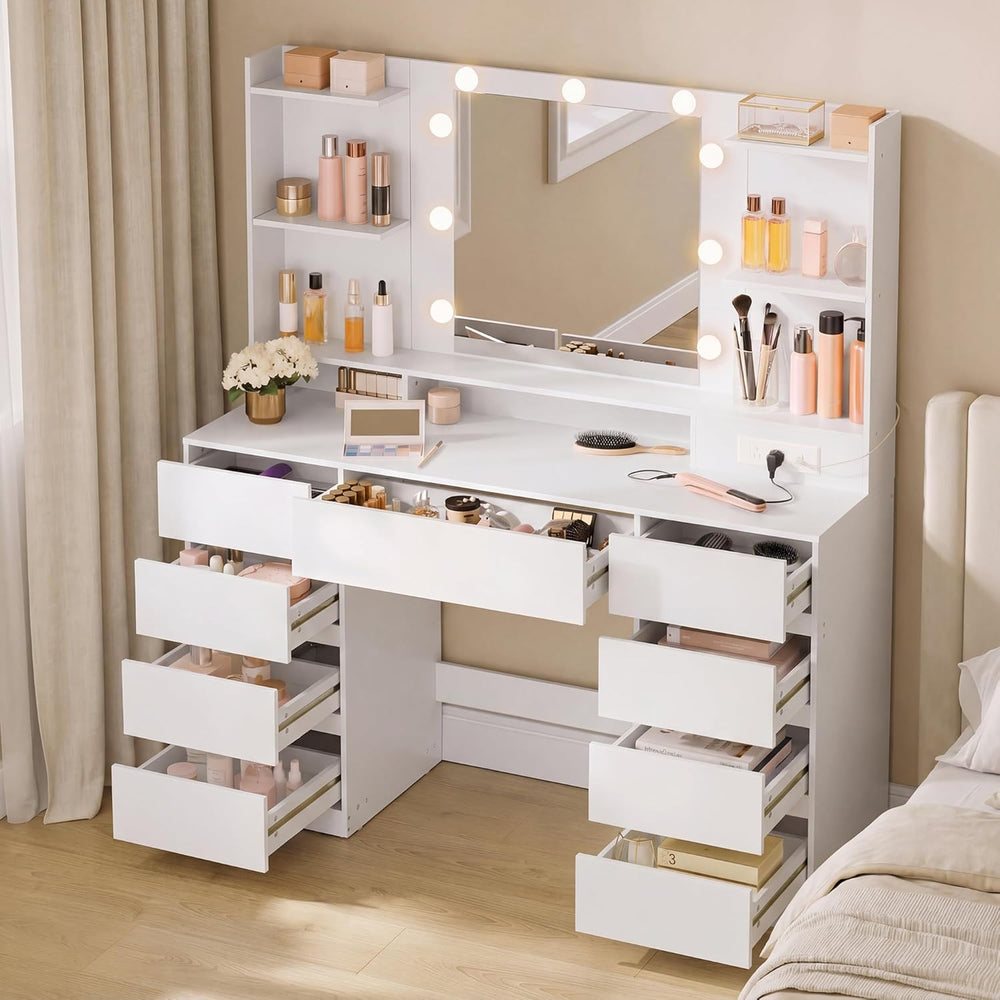 VASAGLE 43.3-Inch Vanity Desk with Mirror and Lights, 9 Drawers | Modern Vani...