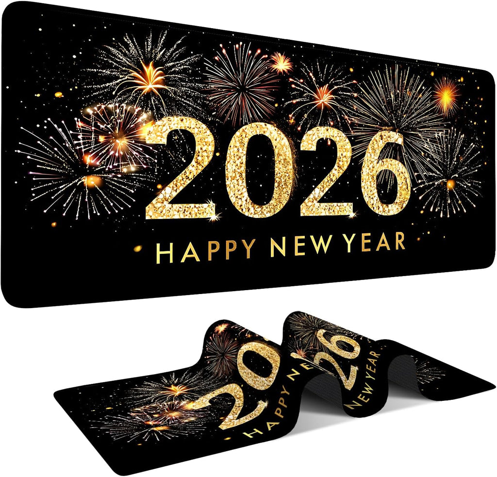 2026 Happy New Year Gaming Mouse Pad 35.4"x15.7"Desk Mat Anti-Slip Rubber Base & Durable Stitched Edges for Gamers Smooth Mouse Writing Surface for Desk Office/Home