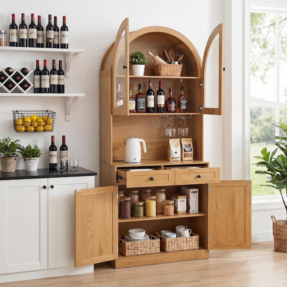 Merax 75'' Farmhouse Arched Kitchen Pantry with Charging Station | Ki...