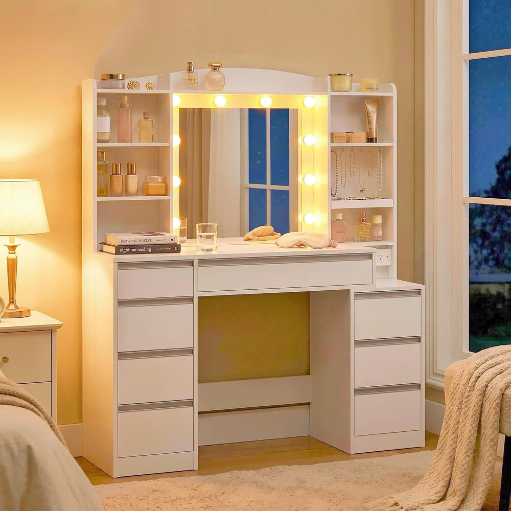 HEXCELEN 47" Vanity Desk with LED Lights, 8 Drawers, 20" Mirror, 2A...
