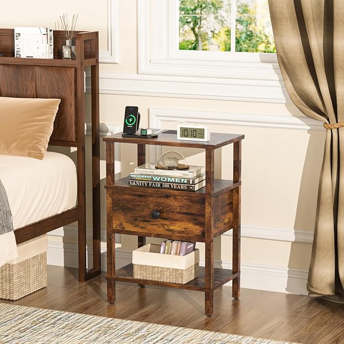 Lerliuo Nightstand with Charging Station and USB Ports, 3-Tier Storage End Ta...