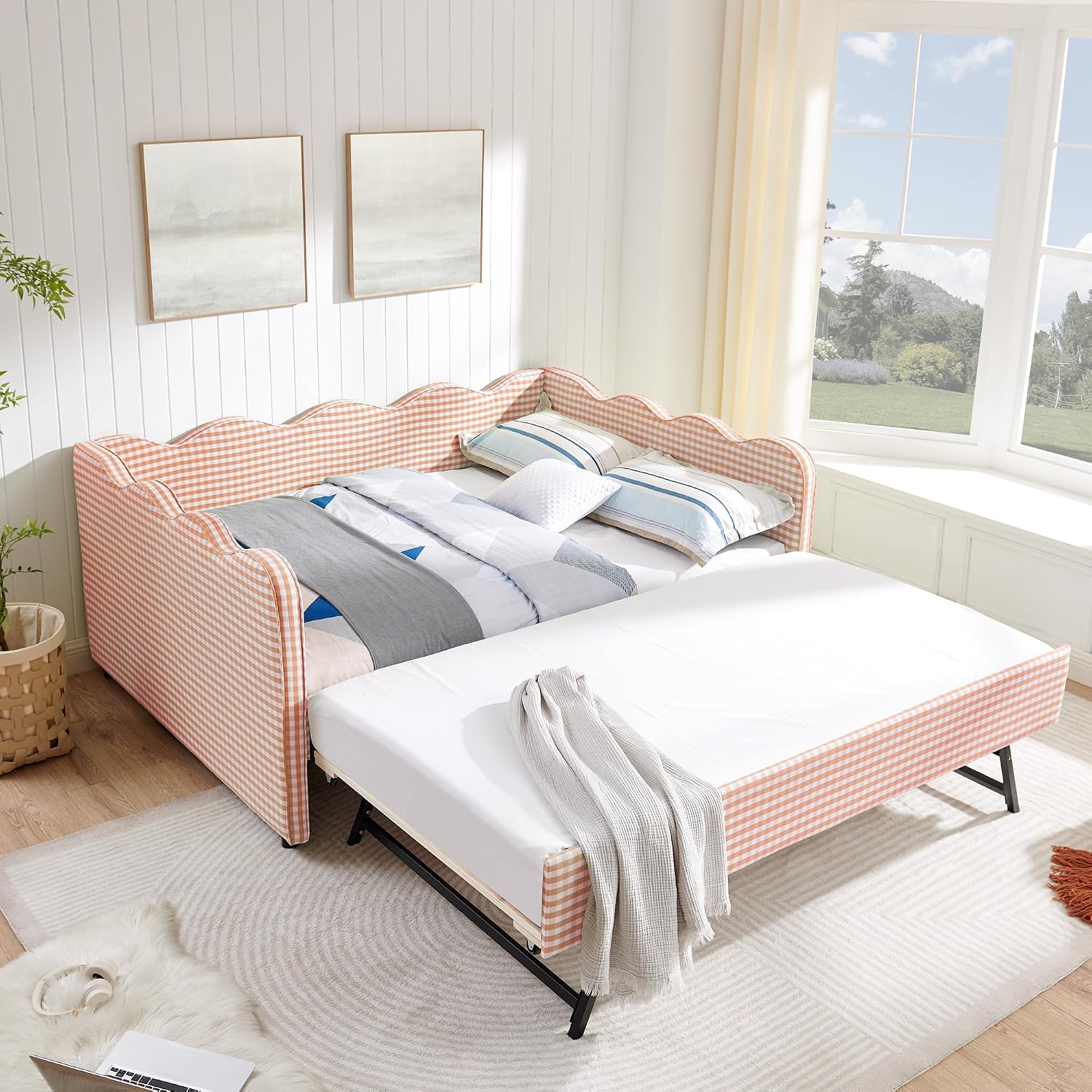 KEIKI Full Size Upholstery Daybed with Trundle and USB, Full to King Design Adorable Wave Shaped Extendable Linen Sofa Bed, Easy Assembly, No Box Spring Required, for Living Room and Bedroom, Pink