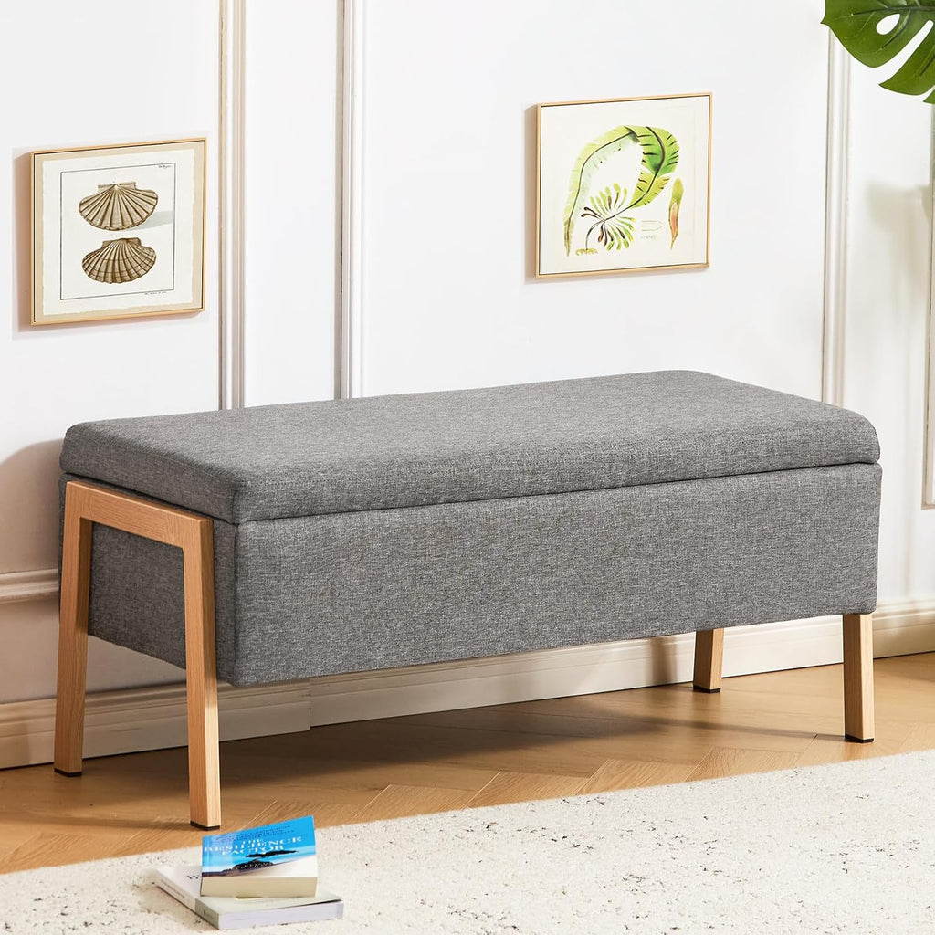 Furniliving Storage Bench for Bedroom, Modern End of Bed Storage Ottoman Bench, Upholstered Linen Ottoman Bench with Metal Legs, Folding Bedroom Bench for Living Room, Entryway, Grey